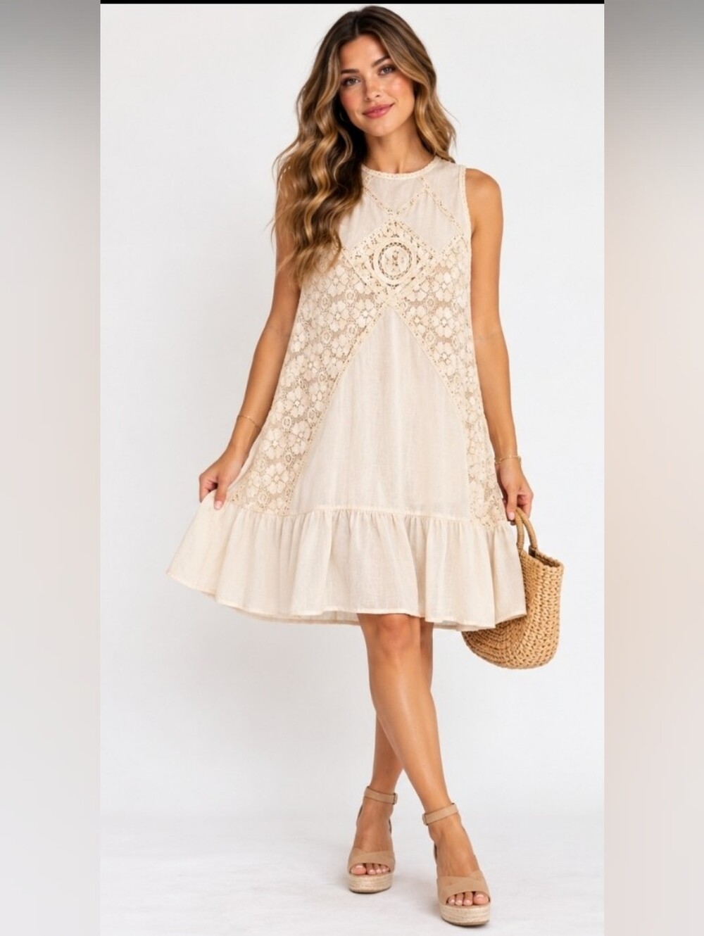 Altar'd State Cream Lace-Panel Sleeveless Mini Dress